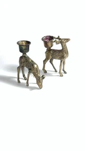 Set Of 2 Vintage Mid Century Solid Brass Deer Figurines Candle Holders - Picture 1 of 4