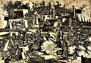 Karl-Heinz Böhme (XX) surreale Radierung 1967: WARENTRANSPORT PER BOOT & BAHN - Bild 1 von 16