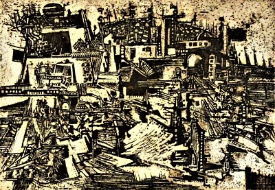 Karl-Heinz Böhme (XX) surreale Radierung 1967: WARENTRANSPORT PER BOOT & BAHN - Bild 1 von 4