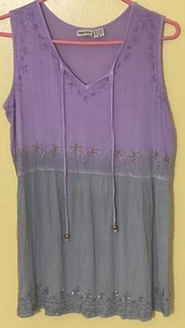 Raya Sun Top Turquoise Ombre Tassel Tie Sleeveless Embroidered Palm Trees - Picture 1 of 7