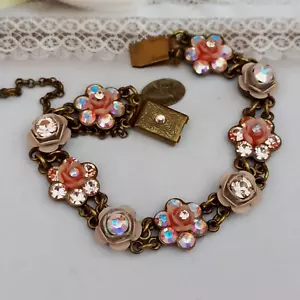 Michal Negrin Bracelet Caved 3D Rose Pink & Aurora Swarovski Crystal Gift Retro - Picture 1 of 11
