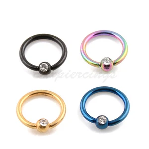 4pc 16G 5/16" Titanium Anodized Steel Captive Bead Ring With Clear Gemed Ball - Picture 1 of 2