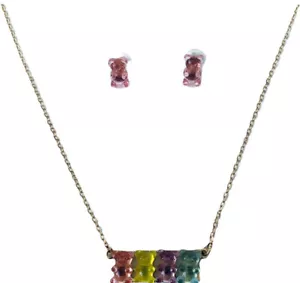 Set collana e orecchini Betsey Johnson orso gommoso rosa pendenti nuovi - Foto 1 di 7