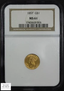 1857 Type 3 Indian Princess Gold One Dollar G$1 NGC MS 61 - Picture 1 of 5