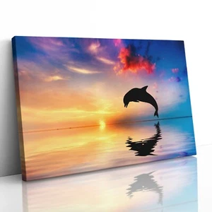 Dolphin Jumping at Sunset Canvas Print Picture Framed Wall Art Poster Ocean - Picture 1 of 23