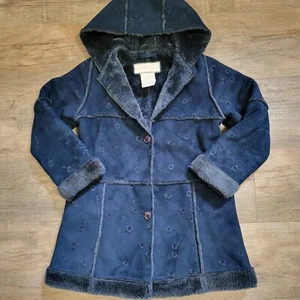 Rothschild Girls Navy Blue Hooded Faux Fur Lined Embroidered Trim Coat Size 5/6 - Picture 1 of 11