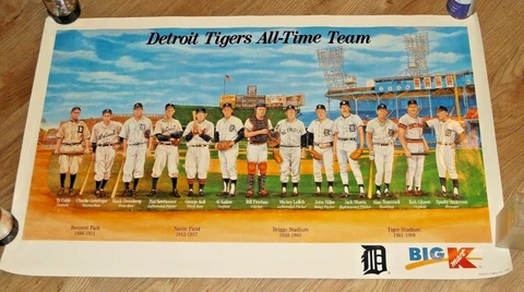 1999 Detroit Tigers Greatest All-Time Team Poster w/ Final Weekend Stamp Cover