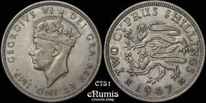 CYPRUS, George VI, 2 Shillings 1947, toned, XF+/aUNC - Picture 1 of 6