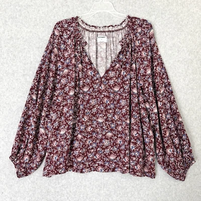 Blusa Top Boho Antigua Azul Marino Para Mujer Talla 2X Rojo Borgoña Floral Mangas Largas Cuello en V Foto 1 de 4