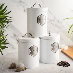 Tea Coffee & Sugar Canisters Bin Jar Storage 3pc White/Silver Cooks Professional - Picture 1 of 3
