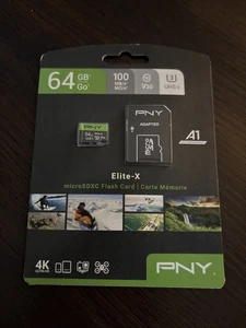 PNY P-SDU64GU3100EX-GE 64GB Elite-X Class 10 U3 V30 MicroSDXC Flash Memory Card - Picture 1 of 2