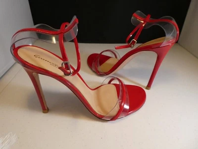 $950 GIANVITO ROSSI ROJO PLÁSTICO CHAROL 37.5 Correa al Tobillo Zapatos Tacones Sandalias Foto 1 de 4
