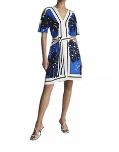 Reiss Hannah Palm Print Blue Dress Womens Size 6 Midi Split Sleeve Tropical - Picture 1 of 16