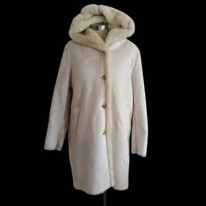 Uniqlo Faux Suede Shearling Fur Hooded Winter Coat Women's Sz M Beige Taupe - Picture 1 of 12