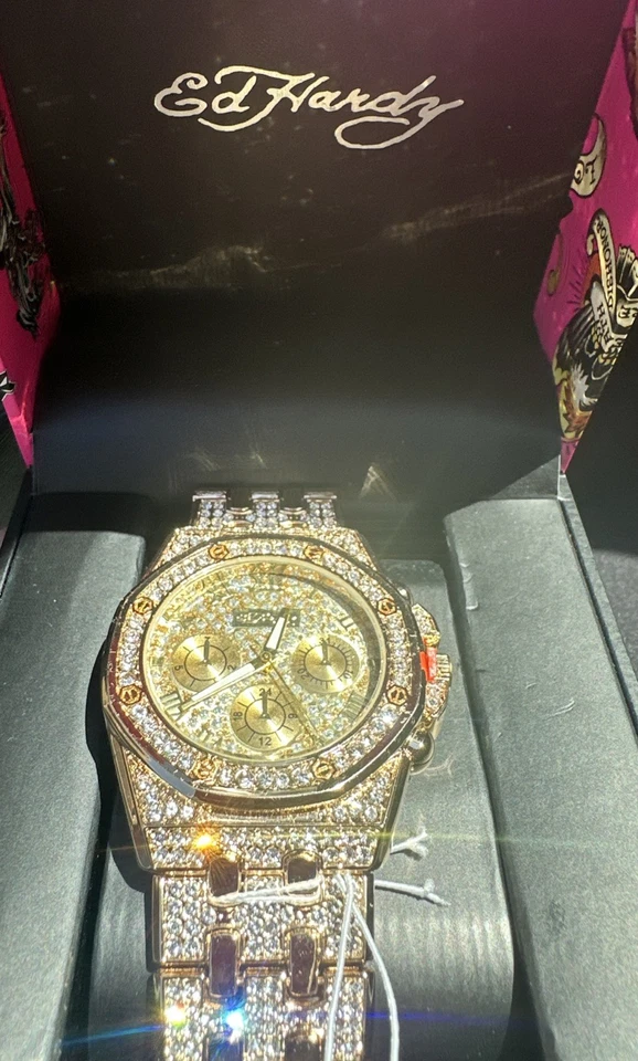 WOMENS ED HARDY Gold BLINGED OUT ON ALL STAINLESS STEEL WATCH - - Image 1 of 2
