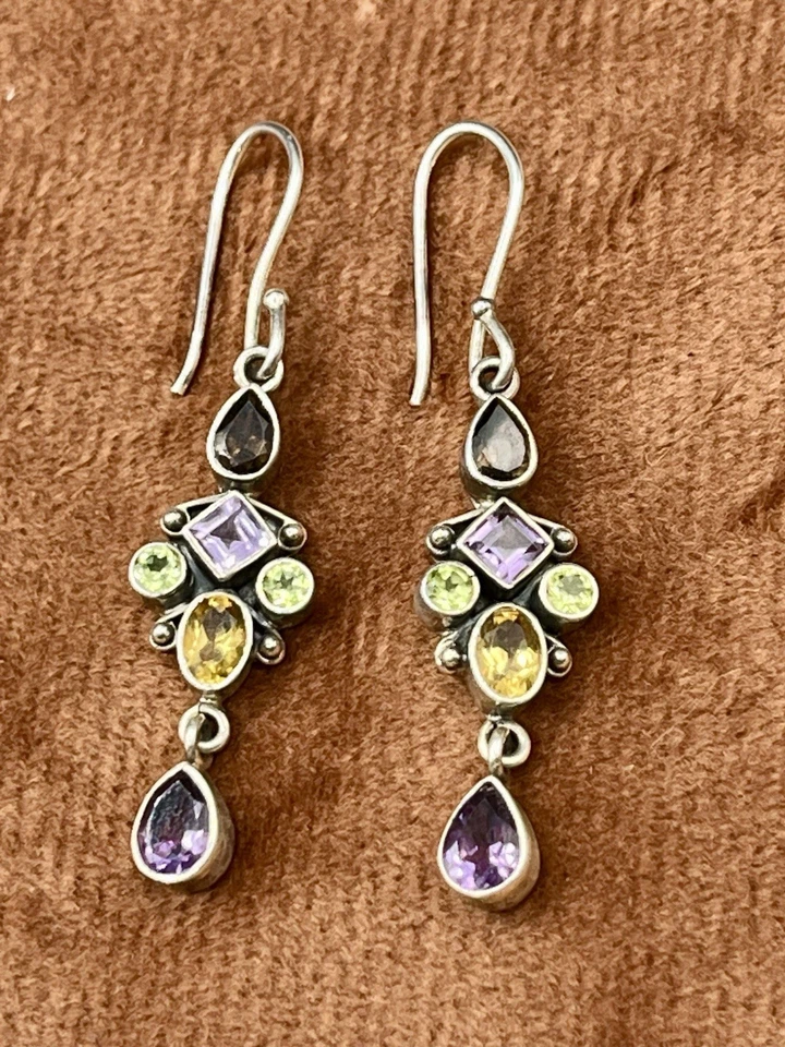 925 Пробы мульти драгоценных камней подвеской серьги парадо аметист цитрин топаз - Изображение 1 из 4