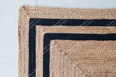 Natural Braided Boho Jute Area Rug Beige & Navy Blue Double Border Square Rugs - Image 1 of 4