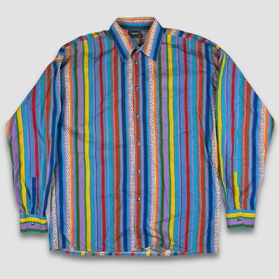 Vintage Versace Y2K Men’s Button Up Shirt Multicolor Striped Greek Key Pattern L - Image 1 of 4