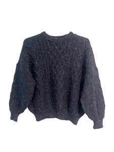 Vintage Wool Fisherman Sweater Size Large Dark Navy Chunky Cable Knit Pullover - Picture 1 of 13
