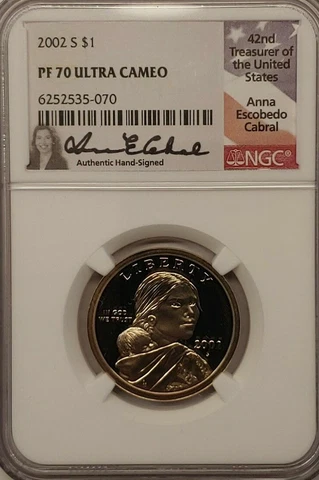 2002-S SACAGAWEA NATIVE AMERICAN DOLLAR - NGC PF 70 - SIGNED by 42nd Treasurer Cover