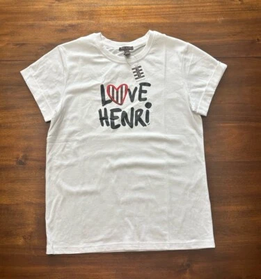 Camiseta Henri Bendel Logo Corazón S/M Blanca Manga Enrollada Algodón Tejida Nueva con Etiquetas Nueva Foto 1 de 4