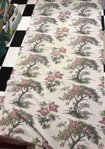 Vintage 1940s Greys Pinks Cherry Trees Romantic Euro Barkcloth Fabric - Picture 1 of 9