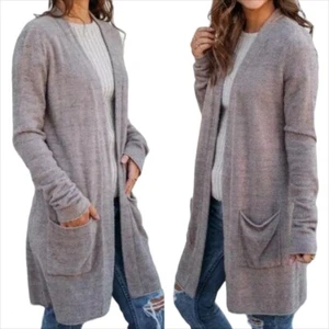BAREFOOT DREAMS Medium Cozy Chic Lite Ribbed Long Cardigan Pockets Sweater Taupe - Picture 1 of 24