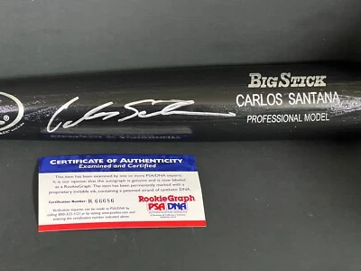 Carlos Santana Cubs Guardians Auto Signed ENGRAVED Black Bat PSA Rookie COA . - Image 1 of 3