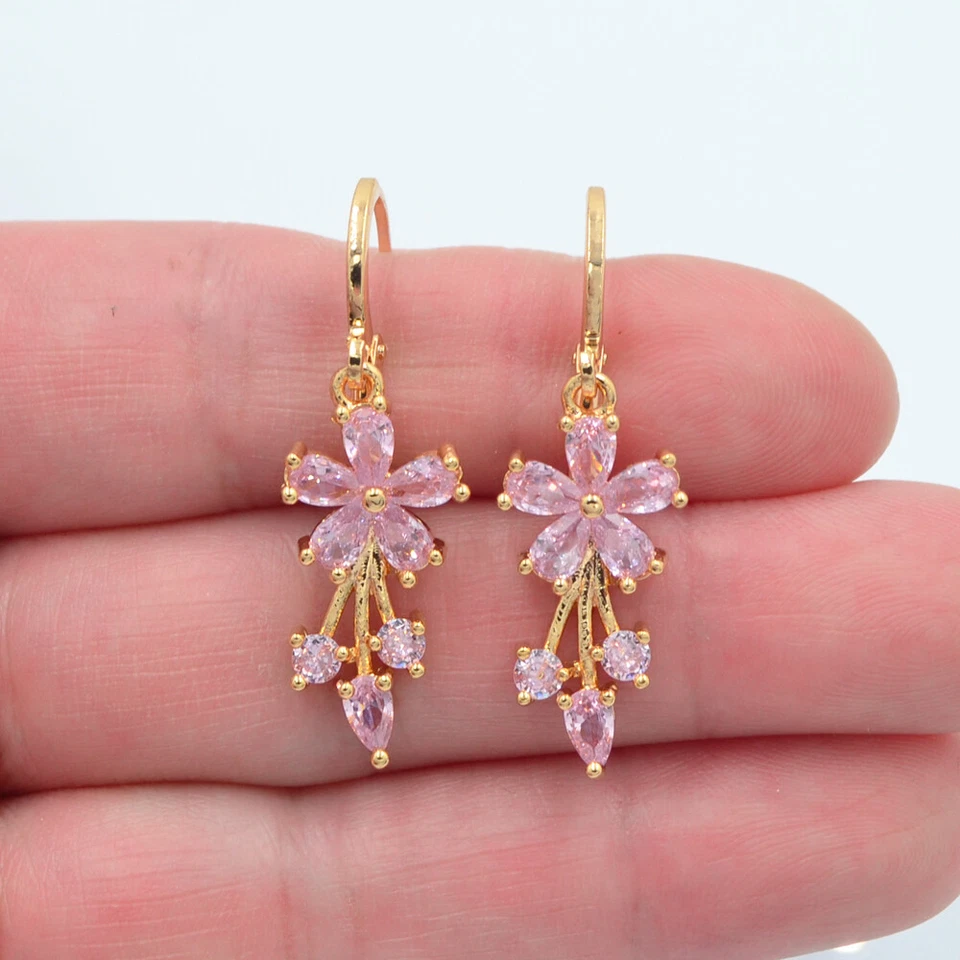 Pendientes colgantes de oro amarillo de 18 quilates con flores de topacio místico rosa para mujer joyas Foto 1 de 1