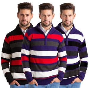 Men's High-Neck Jumper Half Zip Long Sleeves Stripe Classic Cotton Sweater S-XXL - Picture 1 of 7