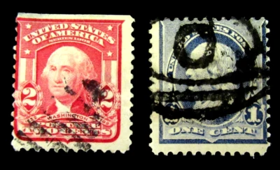 US Postage Stamp Scott 219 Franklin 1 Cent and  2 Cent Washington 319 Used - Image 1 of 2