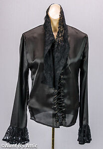 Victorian Steampunk Blouse Black Poly Viscose Laced Front Lace Collar Ladies Top