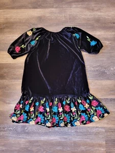 Chasing Fireflies Black Stretch Velvet Floral Embroidered Dress Sz L 14 - 16 - Picture 1 of 6