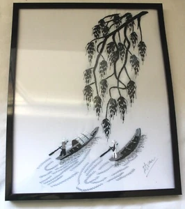 CHINESE EMBROIDERED TEXTILE ART BOATS TREE FRAMED & SIGNED 8 X 10" - Picture 1 of 2