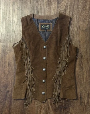 Scully Leather Suede Brown Fringe Crop Vest Western Festival Medium Bohemian - Image 1 of 4