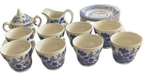 Old Willow English Ironstone 8 Cups & Saucers, +Sugar Bowl & Creamer - Picture 1 of 8