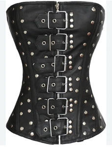 Womens Black Leather Studded Overbust Corset Buckle Zip Front Goth Steampunk 30 - Picture 1 of 14