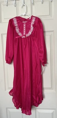 Laura Dare Girls Long Silky Nightgown Nylon Lace Detail Fuchsia Pink 6/7 NWT - Image 1 of 4