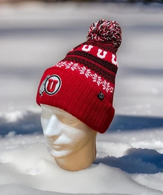 Zephyr UTAH UTES Knit Pom CHRISTMAS Winter Pattern BEANIE Hat Cap U of U Adult - Image 1 of 4