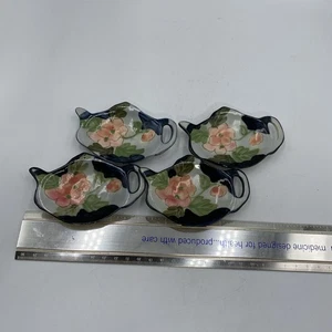 4- Hand Painted Floral Ceramic Tea Bag Holder Teapot Shape Blue ~ 4” - Picture 1 of 4