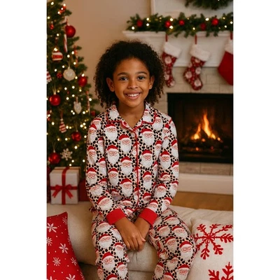 Conjunto de pijama de Natal feminino 10–12T 5XL Papai Noel estampa de leopardo botão frontal 2 peças - Imagem 1 de 4