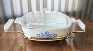 Vintage Corning BLUE CORNFLOWER 1 qt CASSEROLE Dish w Glass LID & METAL CARRIER - Picture 1 of 15