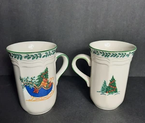Mikasa French Countryside Festive Sleigh Cappuccino 4 5/8" Mug F9007 Set/2 - Picture 1 of 2