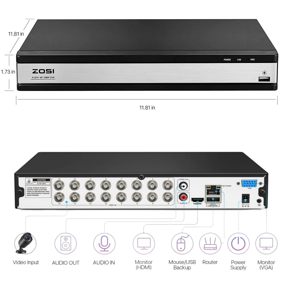 Disco duro DVR ZOSI 16 canales H.265+ 1080p 2 TB para sistema de cámara de seguridad Foto 1 de 4