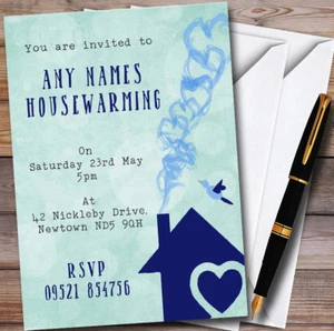 Green & Blue Heart House Personalised Housewarming Party Invitations - Picture 1 of 1