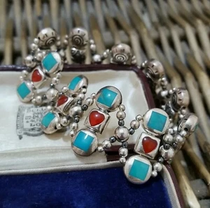 Pulsera vintage de plata de ley 925, howlita turquesa y ágata roja, elástica - Imagen 1 de 7
