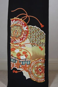 Vintage Japanese kimono silk fabric black oriental patterns 2 - Picture 1 of 24