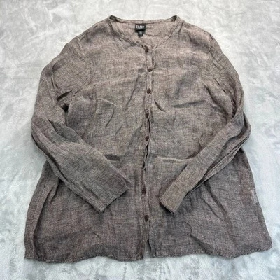 Camisa feminina Eileen Fisher de linho com botões gola grande marrom manga longa - Imagem 1 de 4