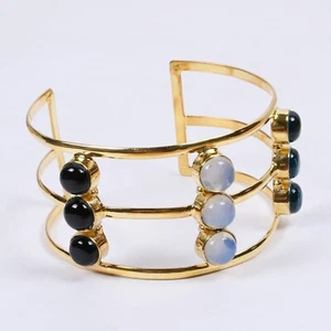 Beautiful Black Onyx, Opalite And Blue Hydro Quartz Gemstone Large Cuff Bracelet - Picture 1 of 6
