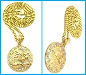 Hip Hop Gold Cuban Chain Glo Glow Gang Face Pendant Necklace Crystal - Picture 1 of 3